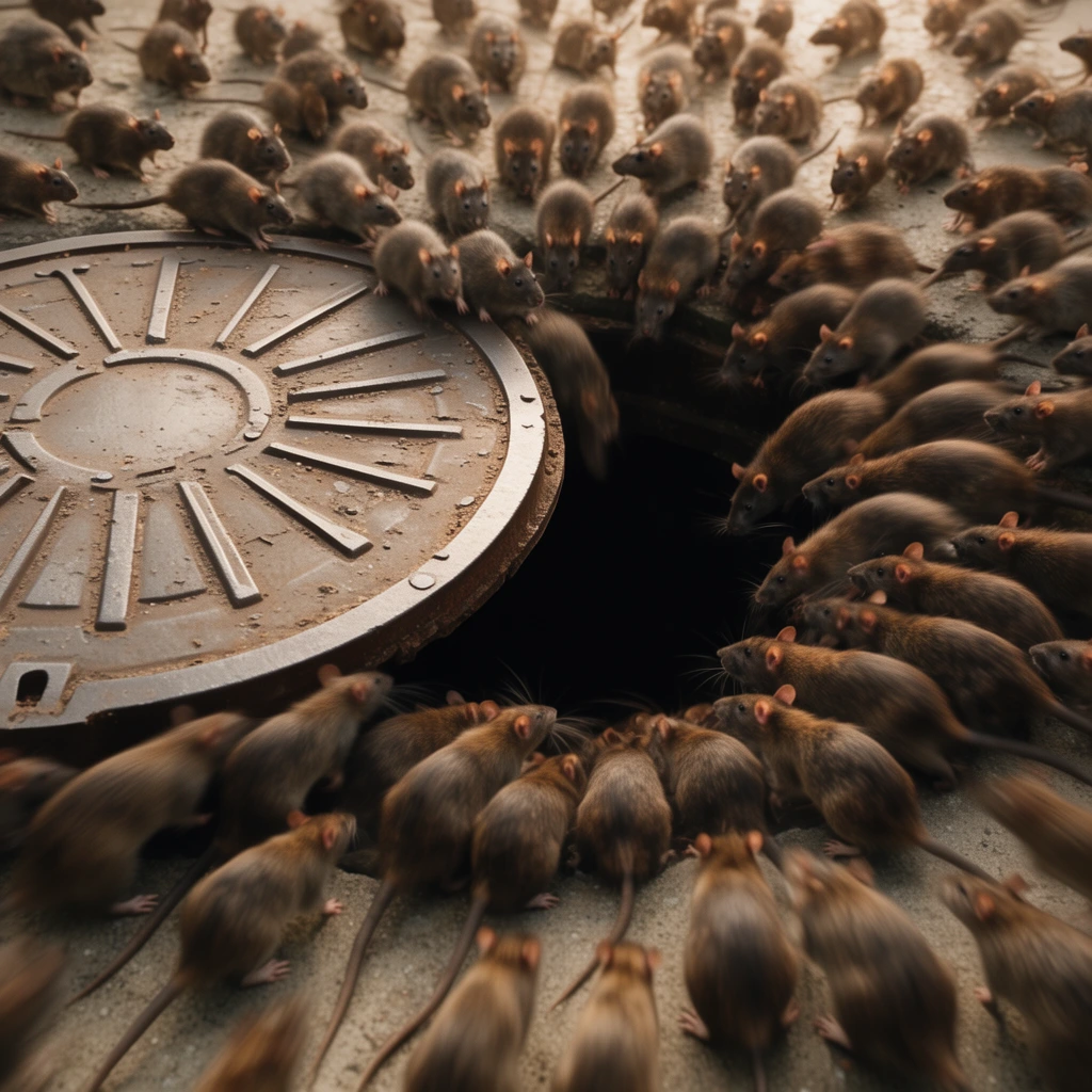 massive swarm of brown rats pouring out from a partially open circular metal utility cover onto textured concrete, high-angle perspective, scurrying rodents with motion blur, embossed metal disc with sunburst motif, dark opening, chaotic movement, cinematic warm lighting