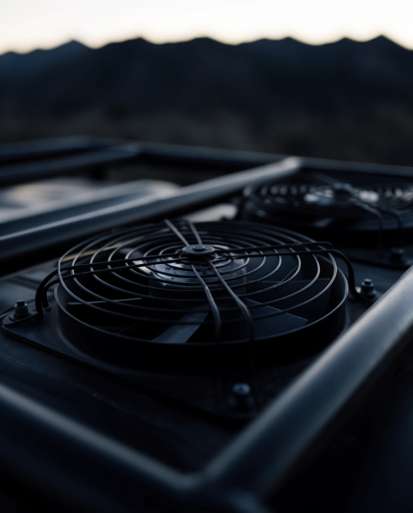 Close-up of dual black electric cooling fans mounted on a dark vehicle surface with a tubular metal frame. Circular wire guards protect the angled blades. Extreme shallow depth of field severely blurs the foreground and a background of dark mountain silhouettes against a pale dusk sky. Cinematic lighting uses high contrast and a cool, desaturated palette.