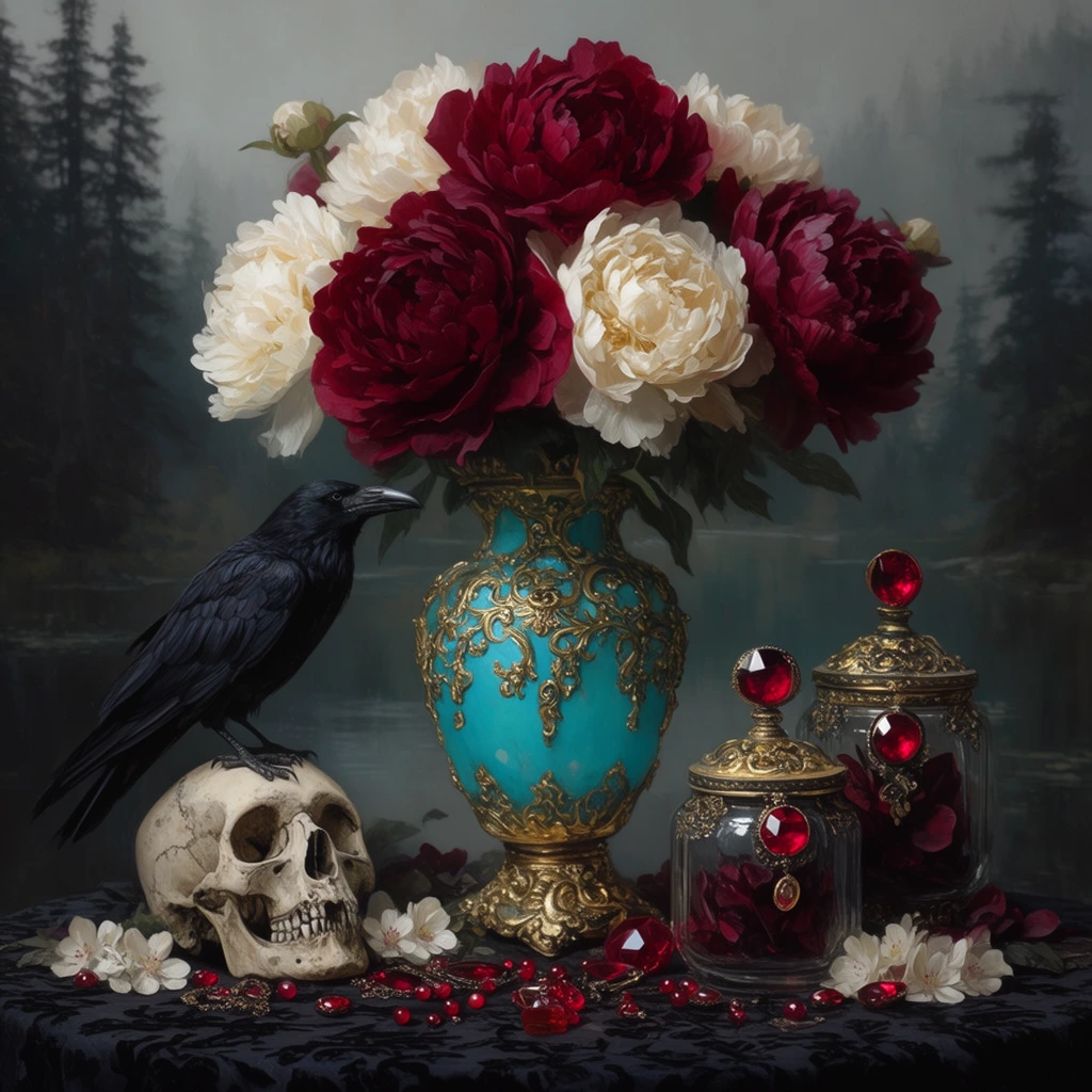 A moody gothic still life rests on a dark patterned table against a blurred, misty lake and silhouetted pine trees. At the center, an ornate turquoise vase encased in gold filigree holds a lush bouquet of massive deep crimson and creamy white peonies. To the left, a sleek black raven perches atop a weathered human skull. To the right, decorative glass apothecary jars with elaborate gold lids feature large faceted ruby jewels and contain dark red petals. The dark tablecloth is strewn with loose red beads, fallen white blossoms, and gleaming crimson gemstones. The composition employs a rich painterly aesthetic with striking jewel tones, contrasting macabre bone and dark feathers against vibrant turquoise, gold, and crimson under soft, dramatic lighting.