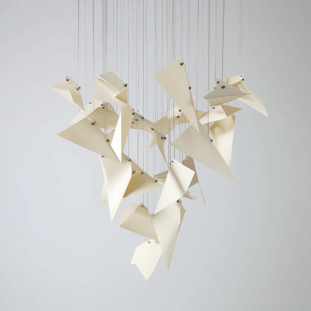 cascading kinetic chandelier of matte off-white folded geometric shapes, thin planar material bent into three-dimensional angular forms, suspended by delicate silver wires of varying lengths, small metallic fasteners, dynamic asymmetrical cluster, plain soft light gray background, minimalist contemporary design, diffused studio lighting, clean product photography