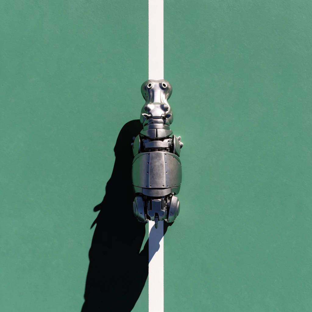 A robotic hippopotamus captured from a strict top-down, bird's-eye perspective, perfectly centered within a stark minimalist composition. The mechanical animal, constructed of precisely engineered metallic panels and rigid geometric components, rests directly atop a thick, straight white stripe that vertically bisects the frame. The ground is a uniform, perfectly flat, matte seafoam green surface with a subtle texture resembling a painted athletic court. Intense, hard directional lighting originates from the top edge of the frame, illuminating the metallic hippo and casting an extremely long, pitch-black, razor-sharp shadow straight down and slightly to the lower left. The aesthetic is defined by extreme high contrast, ultra-crisp edge definition, meticulous geometric symmetry, and saturated flat color blocking, evoking high-end conceptual pop-art photography.