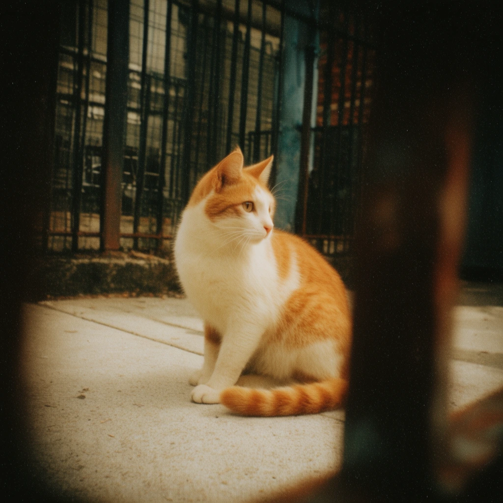 An orange and white cat sits on light concrete pavement, looking back over its shoulder. Blurred dark foreground objects frame the feline against an urban background of metal fencing. The visual style embodies vintage analog film with heavy grain, warm shadows, and deep vignetting.