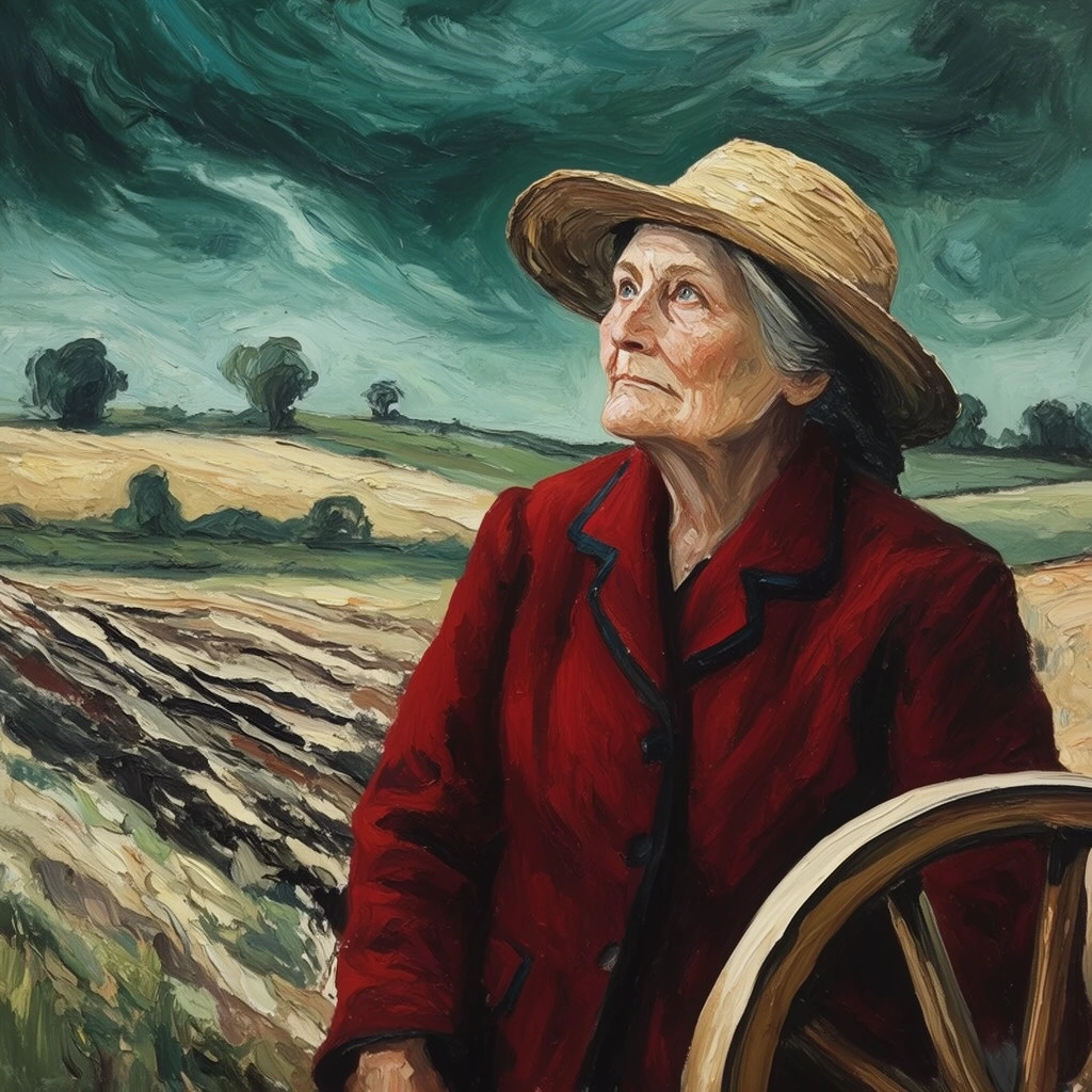 Rendered with expressive impasto brushstrokes, an elderly woman with prominent cheekbones gazes into a turbulent sky. She wears a heavy crimson jacket with dark piping and a wide woven straw hat, resting near a curved wooden wagon wheel in the right foreground. She stands against a swirling rural landscape where churning strokes of deep teal and stormy green dominate the upper section. Below, rolling fields of pale gold, muted green, and textured ridges of dark and light earth stretch toward undulating silhouettes of solitary trees on the horizon. The composition utilizes intense color contrasts and highly tactile, directional paint application to establish raw, dynamic movement across the entire scene.