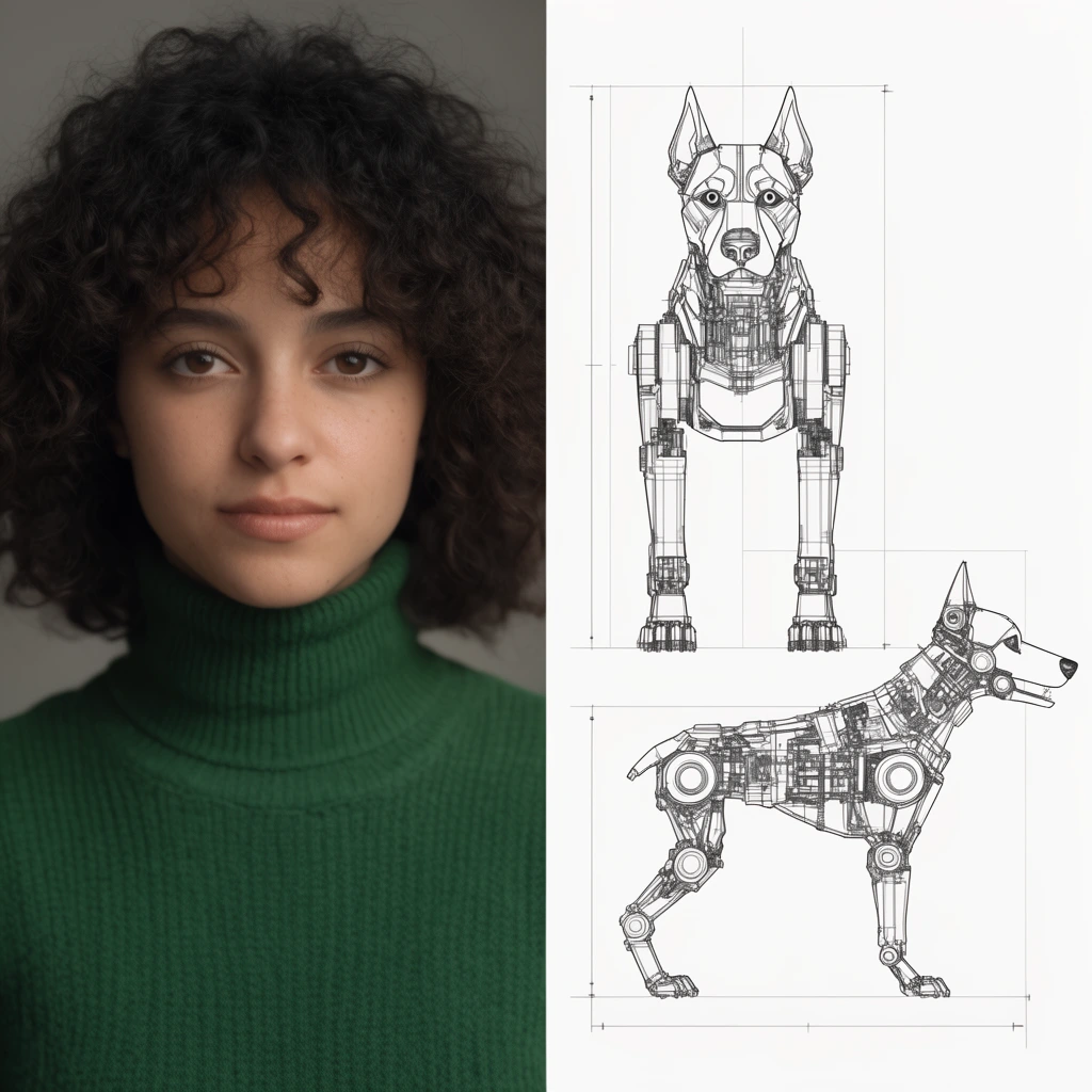 A split-panel image containing a left portrait and a right technical drawing. The left panel features a young woman with curly dark hair in a green turtleneck facing forward. The right panel displays a detailed black-and-white blueprint of a mechanical robotic canine, showing front and side orthographic projections with fine structural measurement lines against a stark white background.