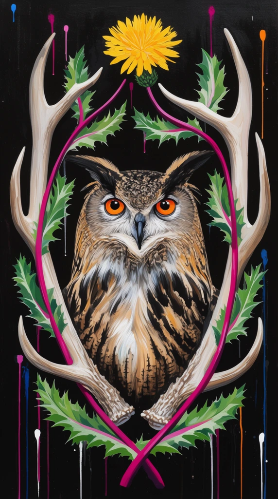 A stylized painting of an eagle owl framed symmetrically by pale deer antlers against a solid black background. The owl features intense orange eyes and detailed brown and white plumage. Vibrant magenta stems with jagged green thistle leaves weave through the antlers, culminating in a single yellow flower at the top center. The artwork uses a striking, high-contrast palette. Subtle vertical drips of pink, blue, white, and orange paint dot the dark space, adding contemporary texture to the mystical nature motif.