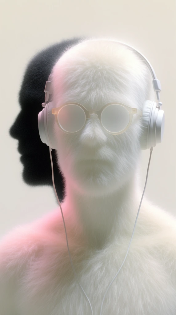 A surreal 3D rendered bust of a figure covered entirely in dense soft white fur wearing translucent round glasses with opaque lenses and white wired over-ear headphones. A subtle pastel pink glow illuminates the figure's left shoulder. Directly behind stands a stark dark fuzzy silhouette of a human profile facing left. The composition is minimal set against a smooth off-white background with ethereal lighting emphasizing the contrasting soft textures.