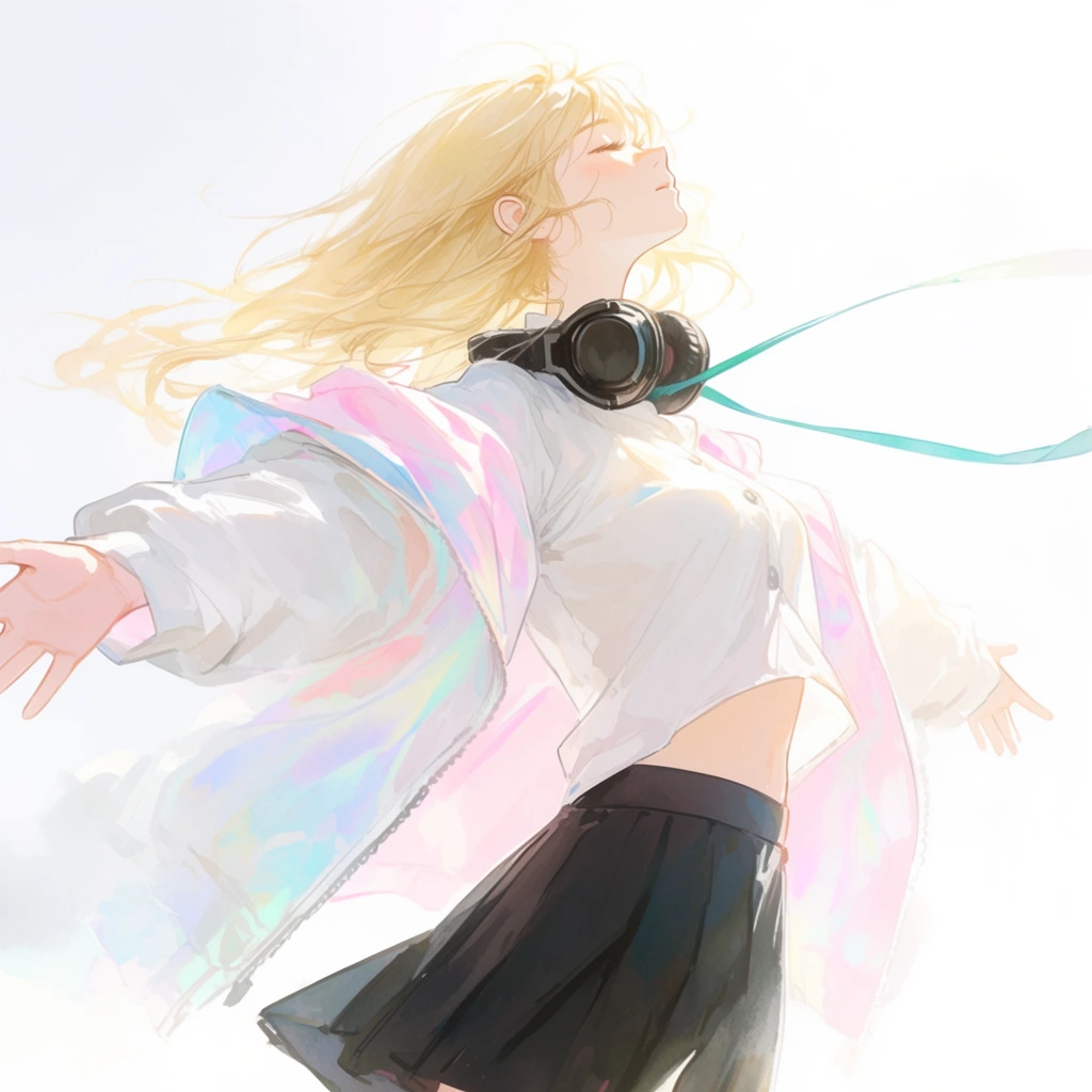 A stylized anime illustration of a young woman with windswept blonde hair standing with arms outstretched against a brilliant white background. She tilts her head upward with closed eyes and a serene expression, basking in intense light. She wears a white shirt open at the hem revealing her midriff, a dark pleated skirt, and a loose white jacket draped over her shoulders with an iridescent pastel pink and blue lining. Black headphones rest around her neck, and a thin teal ribbon flies horizontally in the breeze. The artwork features soft watercolor-inspired shading, delicate sketch-like line work, and a high-key pastel color palette with glowing edges that seamlessly blend the subject into the ethereal, overexposed environment.