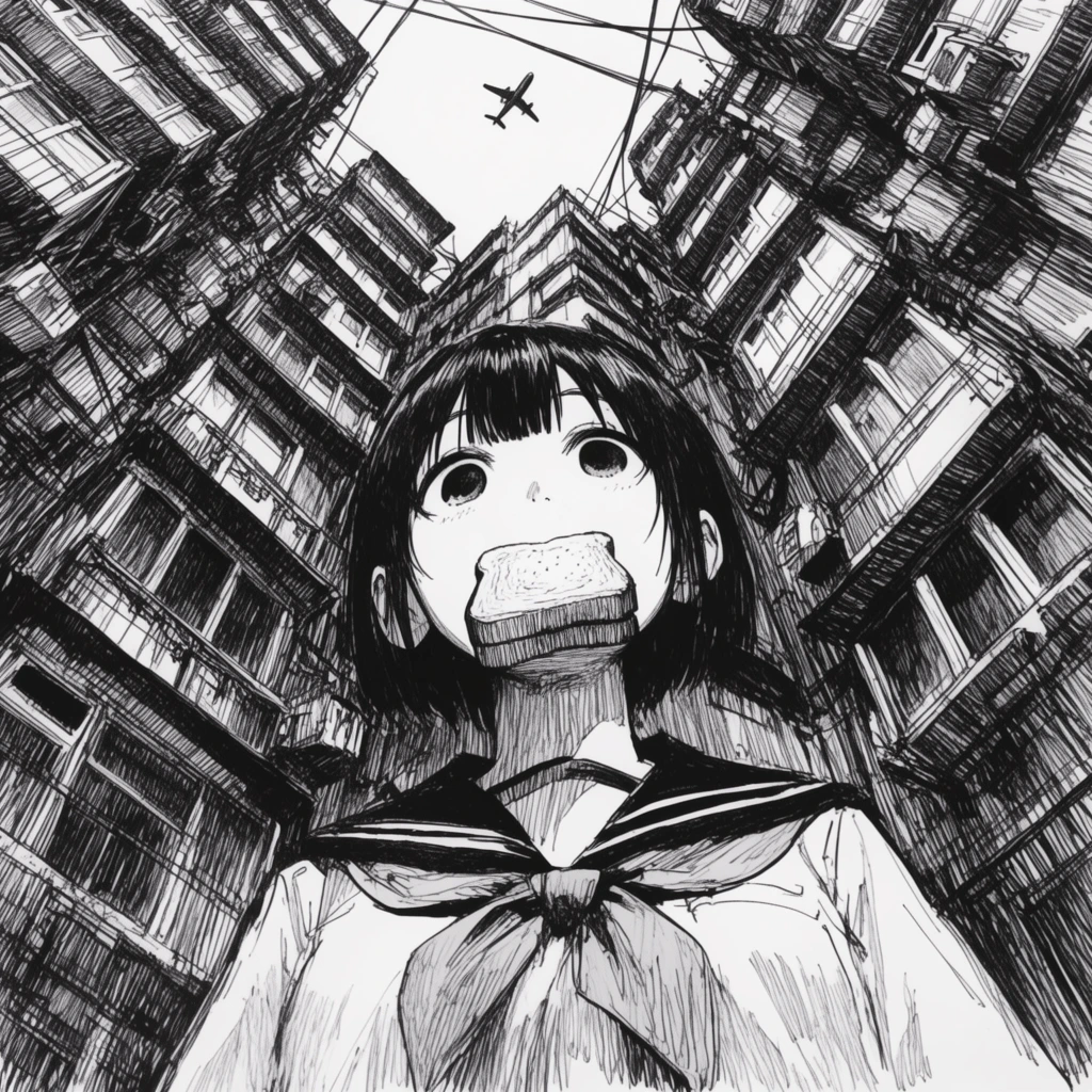 extreme low-angle monochrome ink drawing, girl in sailor uniform with toast in mouth looking up, dense towering apartment blocks, crisscrossing wires, tiny airplane in narrow sky opening, heavy cross-hatching
