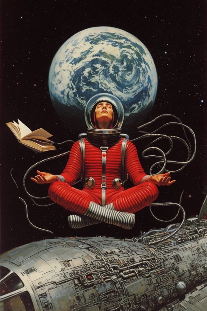 A retro-futuristic illustration of an astronaut meditating in a lotus position while floating in outer space. The figure wears a vibrant, ribbed red spacesuit with a clear spherical helmet and grey-and-white striped boots, hovering with palms facing upwards and head tilted back serenely. Floating nearby are an open book and long, metallic, serpentine cables curling through the zero-gravity vacuum. Below the astronaut lies the highly detailed, grey metallic hull of a spaceship covered in intricate mechanical greebles and pipes. Centered behind the figure's head is a large Earth-like planet with swirling white clouds against a pitch-black starry cosmos. The artwork employs a vintage science fiction painting aesthetic with dramatic lighting, contrasting the bright red suit against the dark void and juxtaposing spiritual tranquility with complex industrial technology.