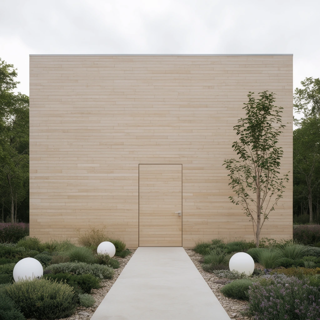 minimalist square building, light horizontal wood paneling, central flush door, pale concrete pathway, landscaped garden, round white garden lights, slender tree, soft overcast daylight, straight-on architectural photography