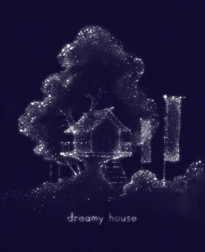 a treehouse nestled in billowing clouds with hanging banners and the text 'dreamy house' rendered entirely in a dense shimmering pointillist texture of white and silver glitter, deep indigo monochromatic background, ethereal glowing bokeh highlights, low-fidelity analog film aesthetic, high contrast silhouettes defined by clusters of sparkling light, hazy blooming grain, soft-focus atmospheric depth, luminescent shimmering particles forming the architecture and typography