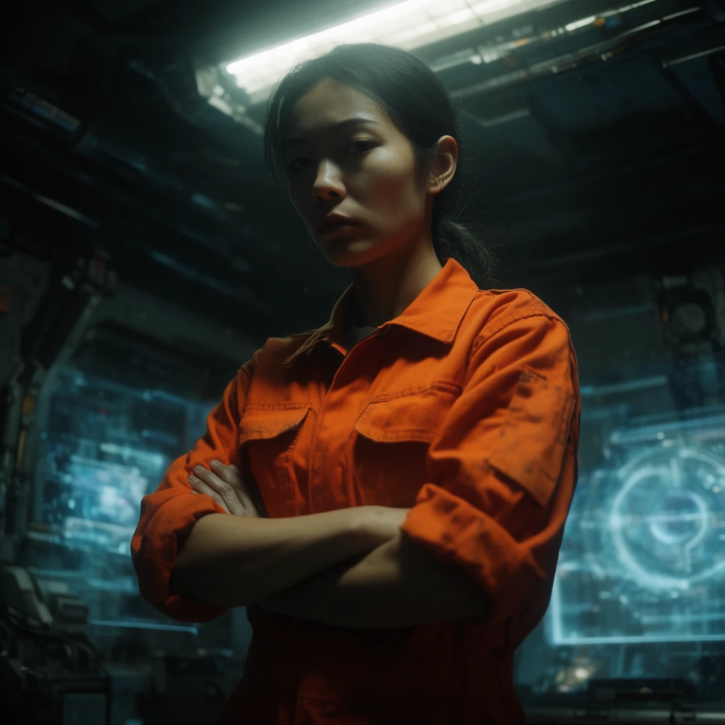 A young Asian female mechanic stands with arms tightly crossed in a dimly lit futuristic engineering bay. She wears a bright orange utility jumpsuit with rolled-up sleeves. Her stern expression is illuminated by a harsh overhead industrial light, casting deep shadows across her sharp cheekbones. The out-of-focus background reveals glowing blue abstract holographic panels and dark metallic bulkheads. Captured in a low-angle medium shot, the composition features high-contrast chiaroscuro lighting and a distinct teal and orange cinematic color grading that emphasizes the gritty, cybernetic atmosphere.