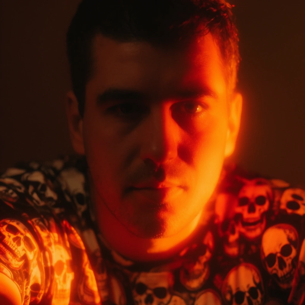 An extreme close-up of a man wearing a skull graphic shirt, illuminated by a striking, highly directional fiery orange and crimson light. The intense, searing amber glow sharply hits one side of his face and shoulder, catching the details of the skull motif, while the opposite half of his features plunges into rich, murky brown and black shadows. The tight, claustrophobic framing centers squarely on the man, creating a dramatic chiaroscuro effect. The background is completely enveloped in deep darkness, isolating the warmly lit subject. Rendered with a shallow depth of field, the glowing highlights exhibit a soft, cinematic halation, emphasizing the vibrant, high-saturation warm tones and the intimate, intense atmosphere of the heavily gelled studio lighting.