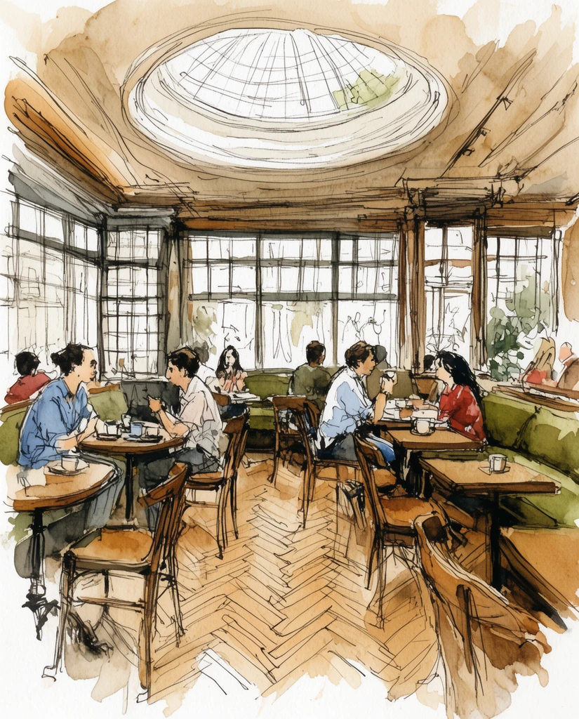 watercolor architectural sketch of a lively cafe interior, patrons at wooden tables, olive green banquettes, circular skylight, grid windows, herringbone floor, loose ink lines, warm earth tone washes