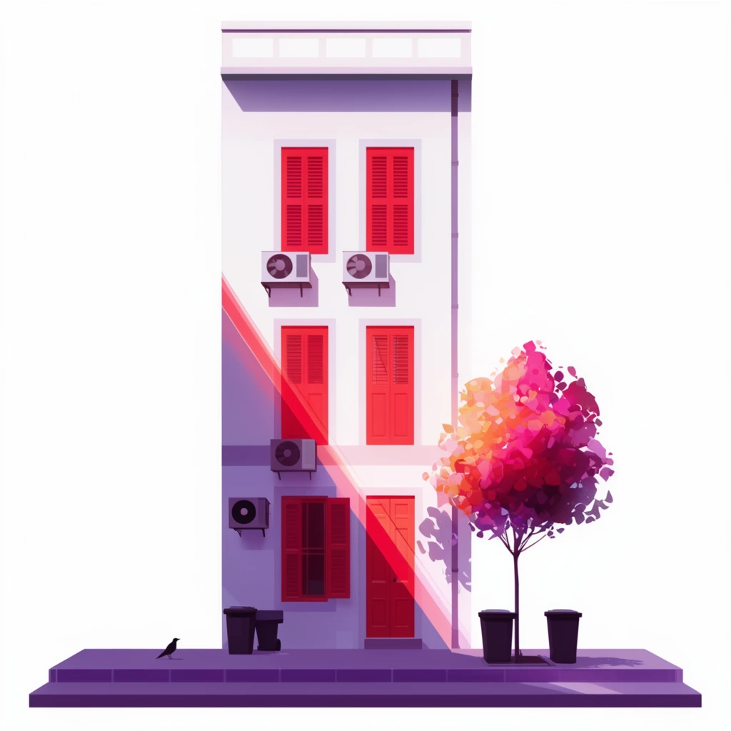 minimalist vector illustration of a narrow white building facade isolated on white, striking diagonal reddish-pink light beam, vibrant red window shutters and doors, exterior AC units, stylized tree with glowing pink and orange foliage, small dark bird on a raised purple sidewalk, dark trash bins, sharp cel-shaded purple shadows, flat geometric design