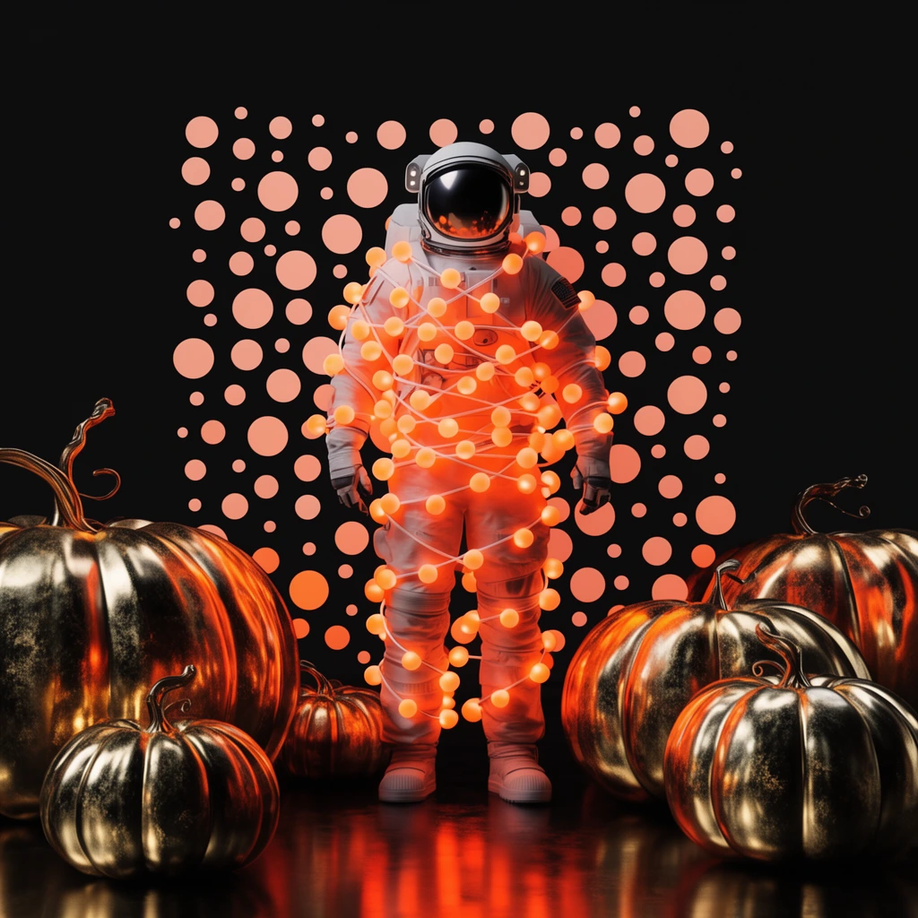 astronaut wrapped in glowing orange spherical lights, dark reflective floor, large metallic gold pumpkins in foreground, floating peach geometric dots on black background, surreal 3D render, cinematic neon lighting, high contrast