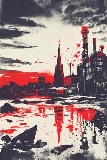 Gritty Crimson Noir style reference image — high contrast graphic illustration