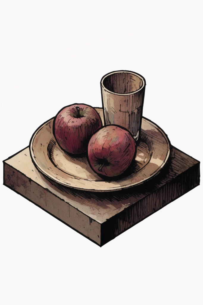 An isometric, hand-drawn illustration of two apples on a plate alongside a glass, rendered as a self-contained miniature diorama on a thick, sharp-edged base block against a stark white background. Two rounded apples sit in the center of a shallow, circular plate, with a tall cylindrical glass standing directly adjacent. The artwork features a stylized, graphic aesthetic defined by heavy, variable-width black ink outlines and dense, scratchy cross-hatching. Distinct pen strokes build deep shadows and gritty textures across the fruit, dishware, and the abrupt vertical walls of the foundational block. The color palette utilizes muted, earthy wash tones, incorporating faded burgundy reds for the apples, warm parchment beiges for the plate, and dark muddy browns for the high-contrast, cel-shaded shadows. Consistent directional lighting enhances the precise three-dimensional geometric projection, giving the weathered, hand-colored surfaces a tactile, architectural quality within the isolated white space.