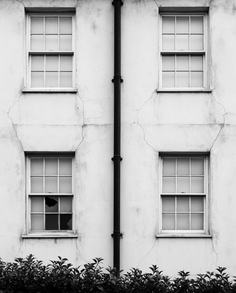 A stark, black-and-white architectural photograph of a symmetrical building facade featuring four double-hung sash windows divided by a thick vertical drainpipe. The pale, weathered wall is marked by branching cracks and subtle structural lines. The twelve-pane windows form a precise grid, with the lower-left window revealing a dark, broken pane. A bold black drainpipe runs straight down the exact center, anchored by joint brackets. A flat, frontal camera angle emphasizes rigid minimalism and high contrast, while dark, leafy foliage silhouettes the bottom edge, introducing organic texture to the stark, geometric composition.