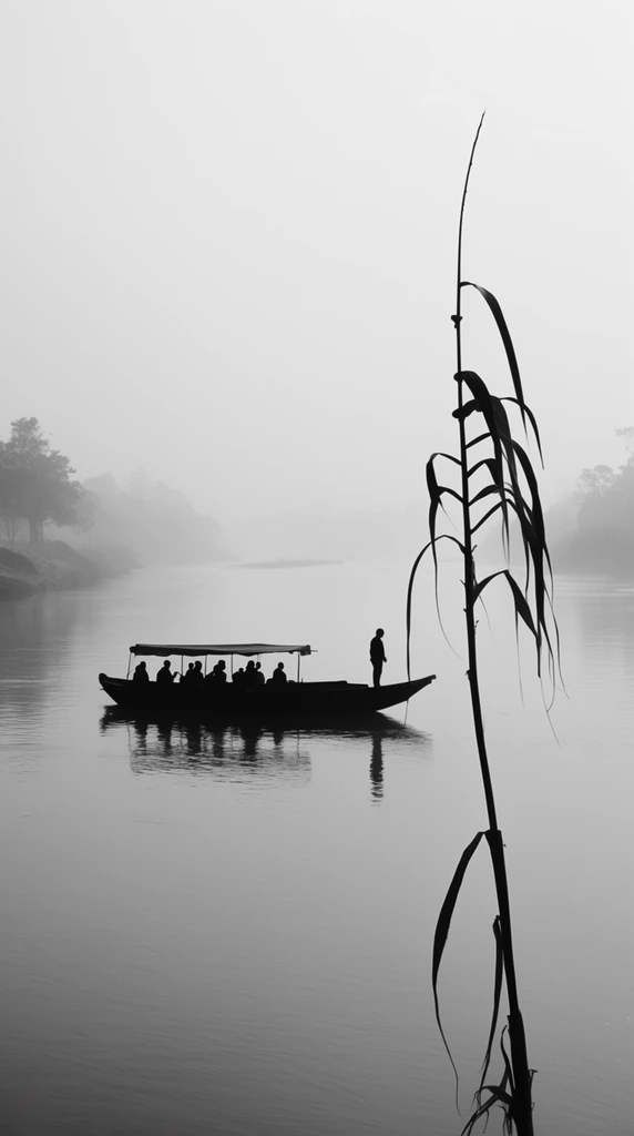 dark silhouetted passenger boat on a calm misty river, one person standing at the bow, multiple figures seated under a canopy, sharp silhouette of a thin plant stalk with drooping leaves in the right foreground, distant riverbanks with faint tree silhouettes fading into pale gray fog, black and white minimalist photography, high contrast between solid dark shapes and hazy bright background, serene mood, monochromatic palette