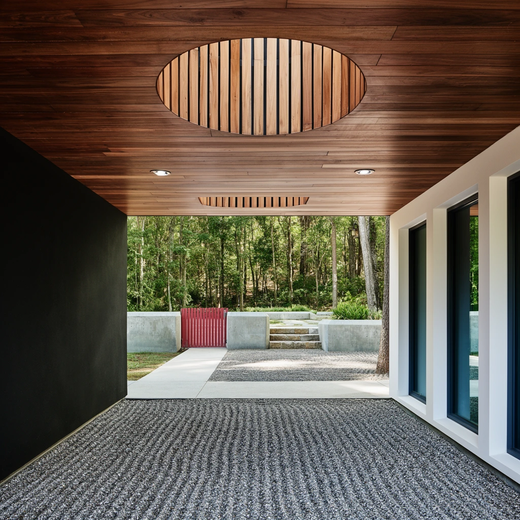 A modern architectural breezeway frames a lush forest landscape using a strong one-point perspective. The flat ceiling consists of warm brown wooden planks featuring a prominent circular skylight lined with vertical slats, alongside small recessed downlights and a rectangular opening. The corridor is flanked by a matte black wall on the left and a crisp white wall with dark-framed vertical windows on the right. Coarse grey gravel raked into linear patterns fills the foreground. A smooth concrete pathway intersects the gravel and extends outward, leading to a serene courtyard with low concrete retaining walls, stone steps, a red slatted gate, and a dense backdrop of tall green trees bathed in bright natural daylight.