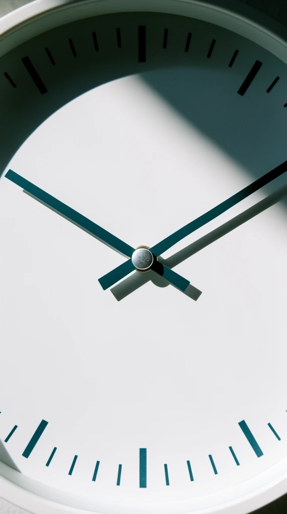 close up minimalist analog clock face, stark white dial, dark teal straight hands radiating from a central silver pin, simple rectangular tick marks along the perimeter, strong diagonal shaft of bright sunlight cutting across the upper right, distinct curved shadow along the top edge, sharp dark drop shadows cast by the hands onto the matte surface, clean modern aesthetic, geometric framing, macro photography, high contrast natural lighting