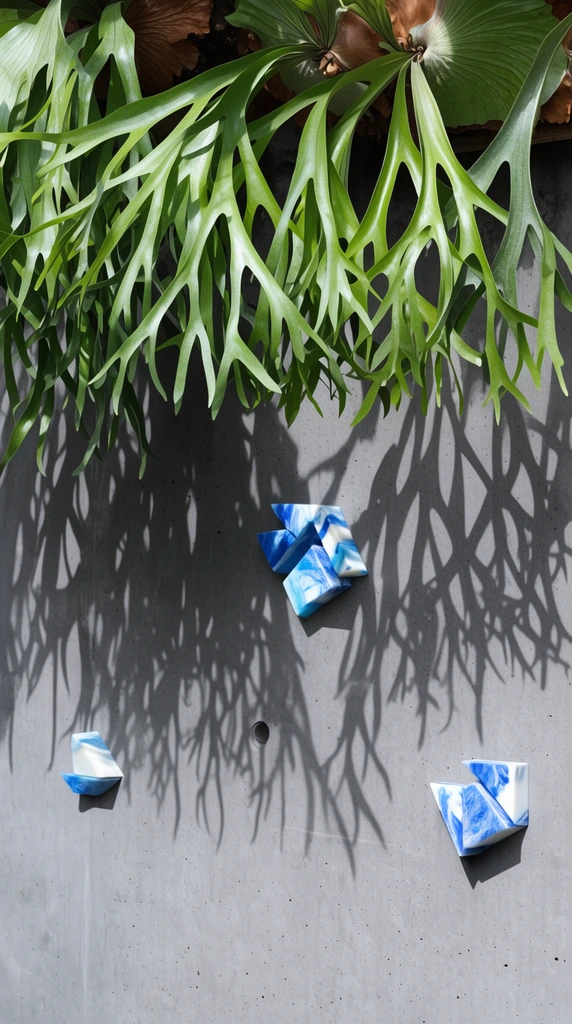 Lush green staghorn fern fronds drape over a matte gray concrete wall under bright sunlight, casting sharp, intricate, branching shadows across the stark surface. Mounted to the concrete are small, three-dimensional abstract geometric shapes crafted from a marbled blue and white material. The vertical composition creates striking visual tension between vibrant organic botanical elements and flat industrial minimalism.