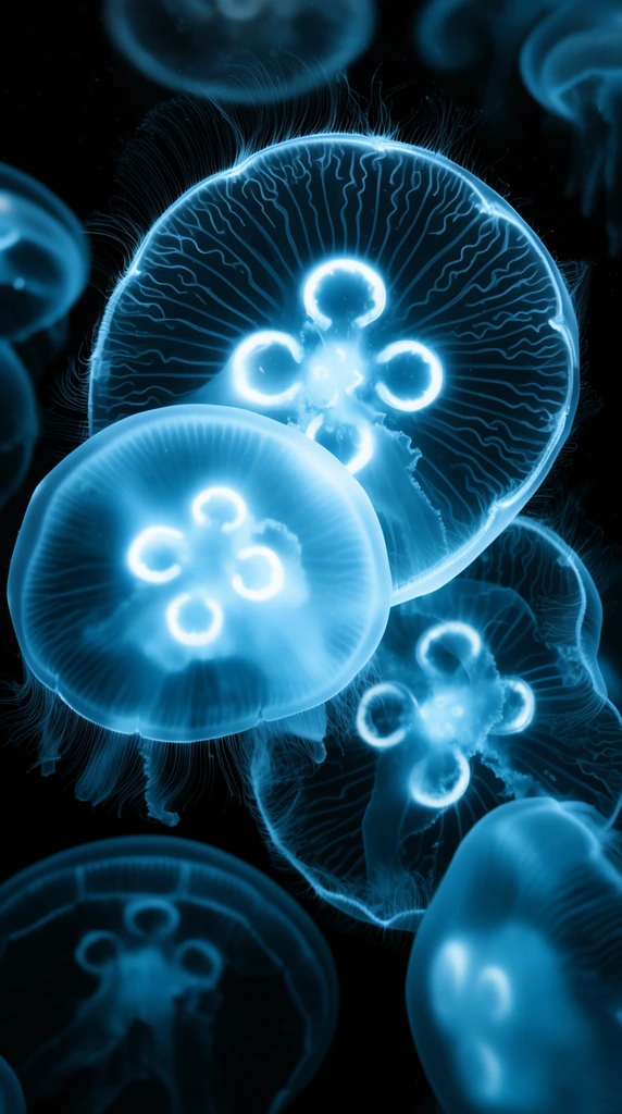 glowing translucent blue moon jellyfish in pitch black water, central overlapping cluster, illuminated bells, delicate tentacles, bright white-blue internal clover structures, high contrast underwater photography, monochromatic cool cyan palette, sharp foreground focus, soft bokeh