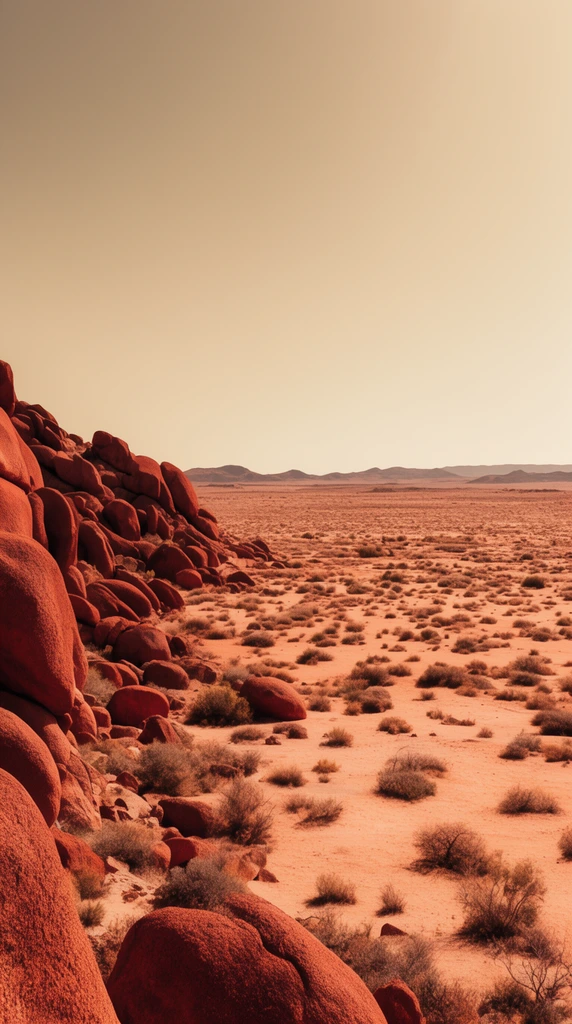 Vast arid desert, smooth red-brown boulders on left, scattered scrub brush across flat sandy plains, distant low mountains, pale sepia sky, wide panoramic view, warm earth tones