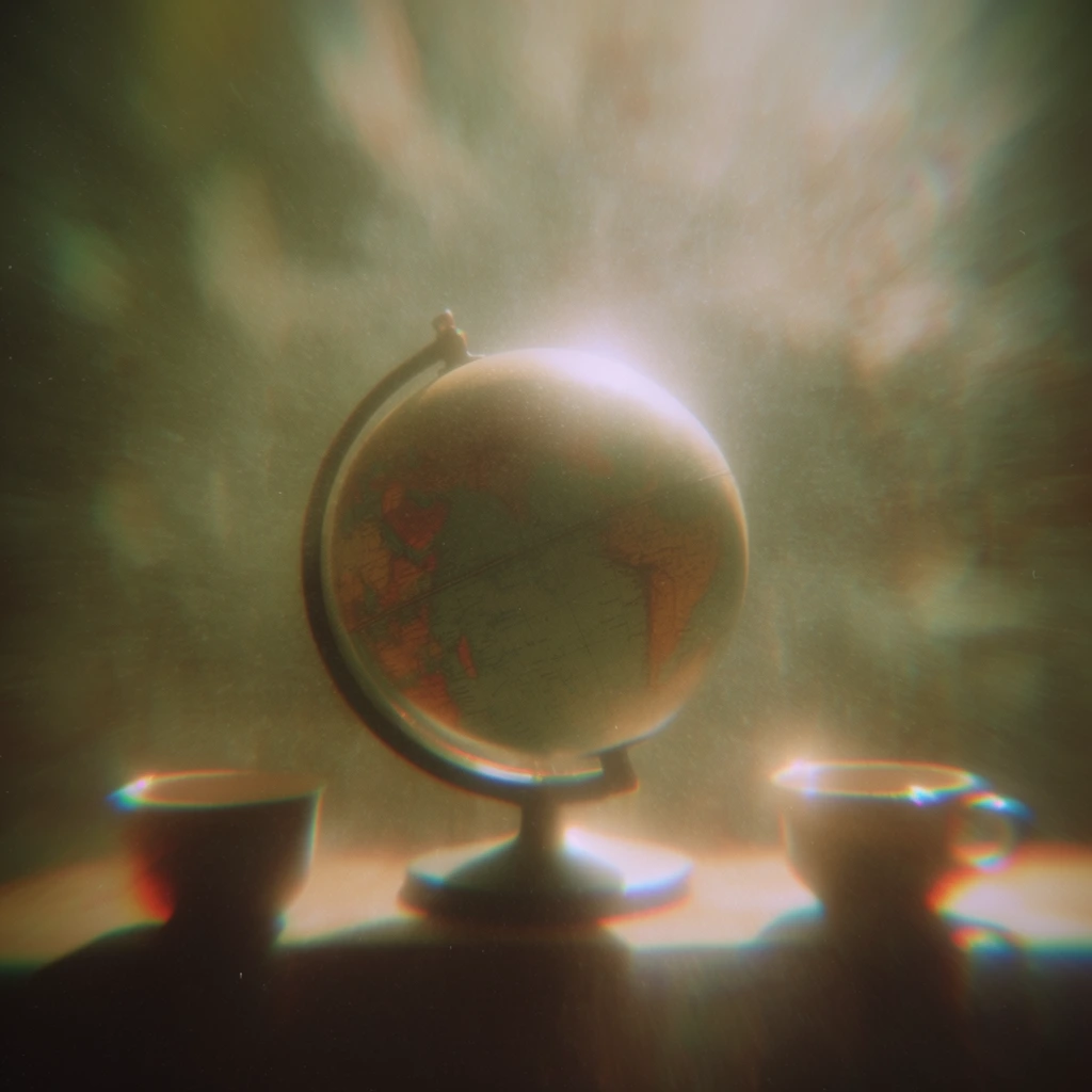 A globe on a stand rests centrally on a flat surface, flanked by two small cups on either side, all immersed in a heavily textured, hazy, and ethereal atmosphere. The scene is rendered through a vintage, lo-fi optical lens aesthetic dominated by extreme radial zoom blur streaking outward from the center, dissolving the background into a mottled, abstract haze of muted olive greens and warm earthy sepia tones. Soft, diffused overhead lighting creates a striking, dreamlike glow, casting intense halation, luminous light leaks, and bright bloom around the spherical contours of the globe and the rims of the cups. Pronounced chromatic aberration introduces distinct red and cyan rainbow fringing along the silhouettes of the central objects. The overall composition is heavily veiled with prominent film grain, soft-focus diffusion, and a glowing, surreal pictorial quality that merges the physical objects with the radiant, blurred environment.