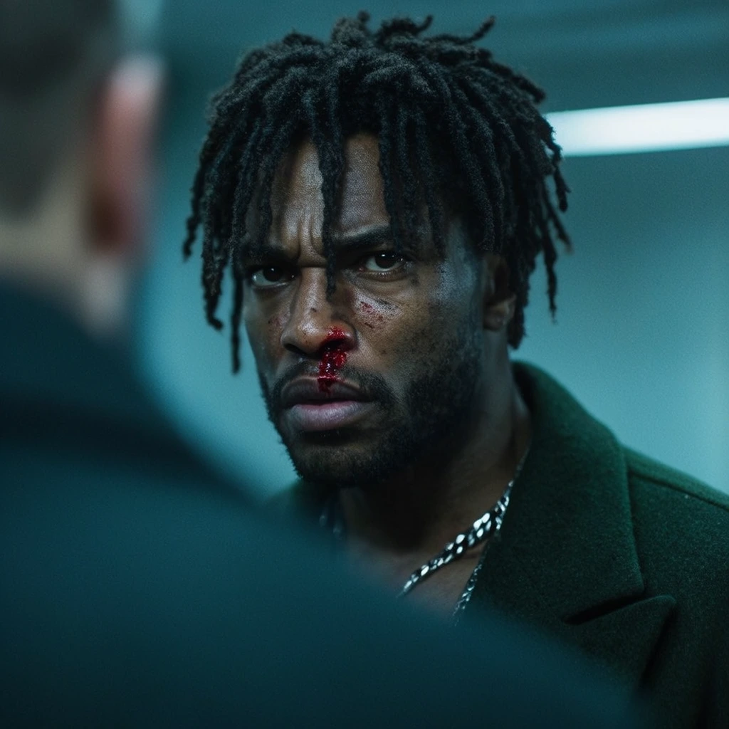 A rugged man with short dreadlocks and a bloody nose glares past a heavily blurred foreground shoulder. He wears a dark green coat and silver chain against a cool cinematic teal background.