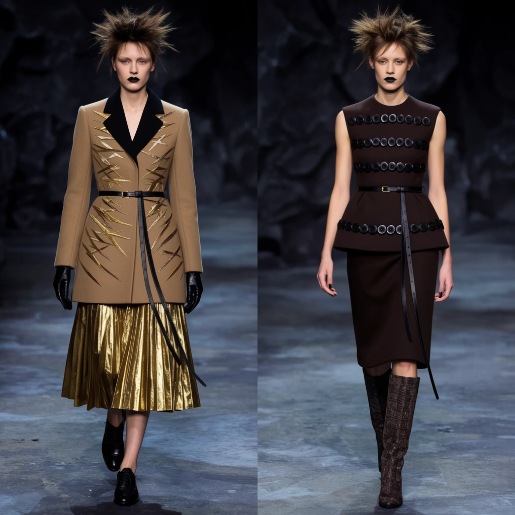 A side-by-side diptych presents two high-fashion models striding down a mottled bluish-grey runway against a dark, rugged background. The left model wears a structured tan coat with black lapels and metallic gold slash embroidery over a shiny pleated gold skirt, paired with black gloves and oxfords. The right model wears a sleeveless dark brown peplum top accented with horizontal rows of black discs, a matching skirt, and tall textured boots. Both feature dramatic spiky updos, dark lipstick, and thin black belts with long trailing straps. The moody, dramatic lighting and sharp focus emphasize the avant-garde textures and structured silhouettes.