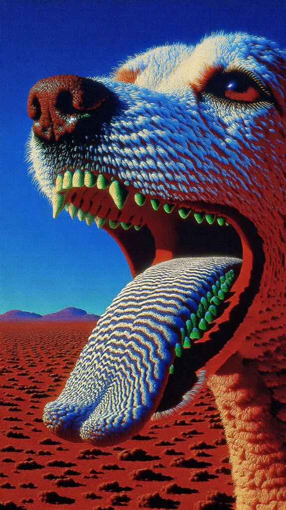 surreal close-up of a dog with a wide gaping mouth, long wavy tongue extending toward a vanishing point, concentric rows of teeth, set against a saturated blue sky and red desert floor, extreme perspective, repeating patterns of fur and landscape elements, high contrast, heavy film grain, dithered noise, retro-analog psychedelic aesthetic, vibrant primary colors, dreamcore surrealism, 90s computer graphics style, low-fidelity digital texture.