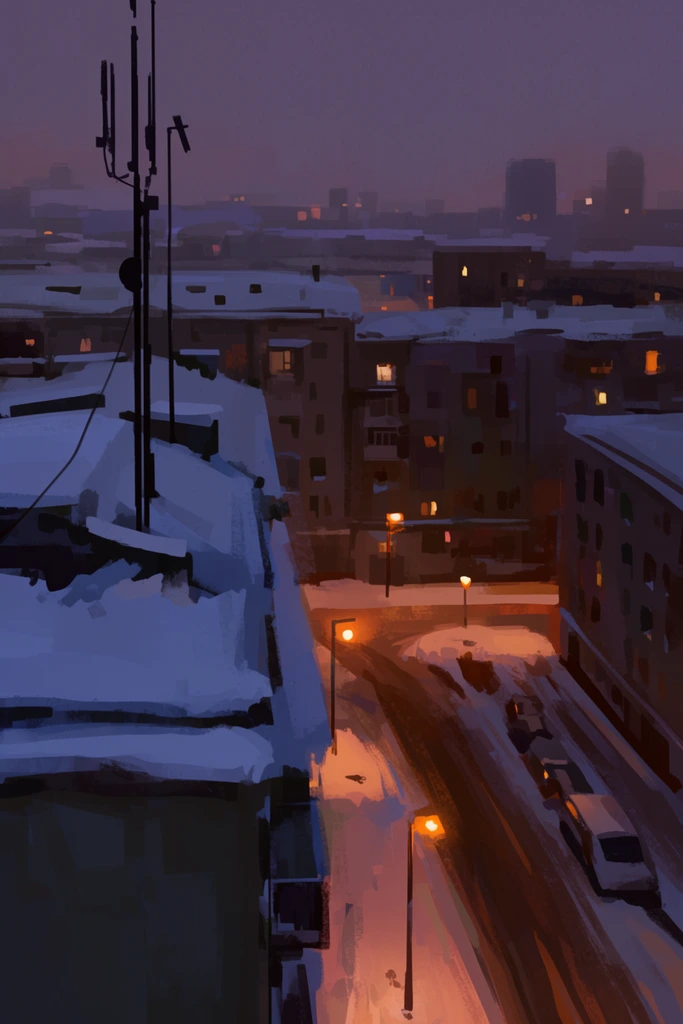 snow-covered city rooftops at dusk, elevated perspective, thick snow on flat roofs, tall silhouetted antennas, glowing warm orange streetlights illuminating snowy roads below, scattered illuminated windows, moody atmospheric twilight, deep purple and cool blue shadows contrasting with warm amber light, hazy distant skyline, expressive digital painting, visible blocky brushstrokes, impressionistic concept art