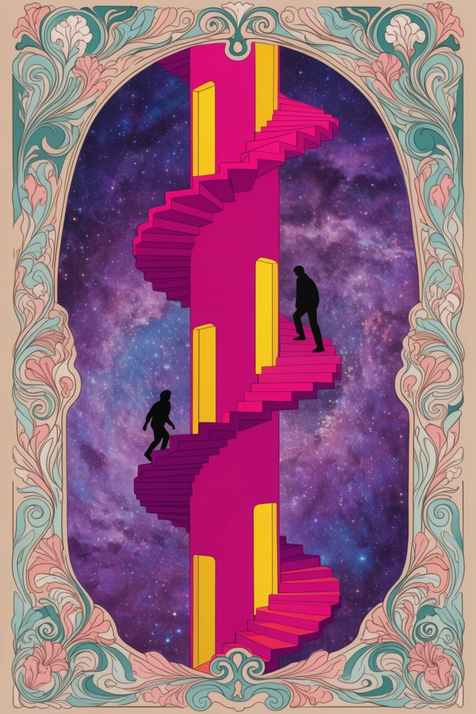 A surreal illustration of a vibrant magenta spiral staircase ascending through a starry purple and blue cosmic nebula. Two silhouetted figures climb the steps past glowing yellow doorways built into the central pillar. The cosmic scene is enclosed by an ornate, symmetrical Art Nouveau decorative frame featuring swirling botanical motifs in beige, teal, and soft pink. The artwork merges retro-futuristic psychedelic flat colors with crisp, elegant organic linework.