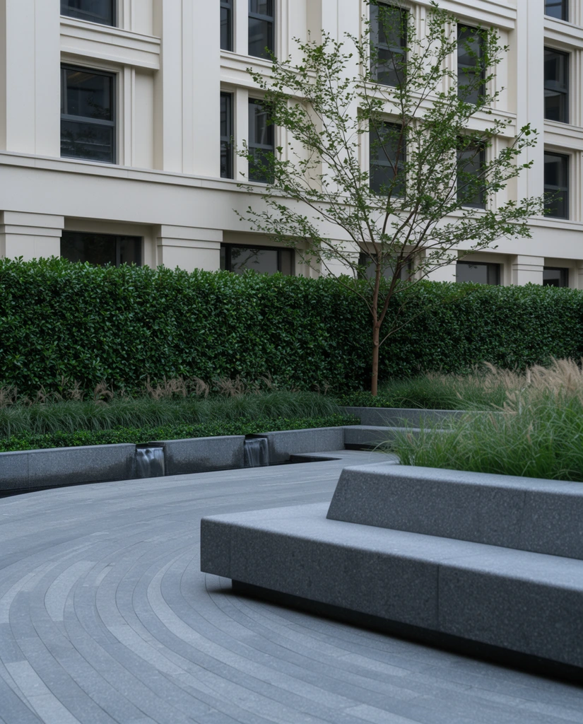 modern landscaped urban courtyard, sweeping curved grey stone pathway, heavy L-shaped stone seating wall in foreground, low retaining wall with small cascading water feature, dense manicured green hedge, slender tree, ornamental grasses, cream multi-story building facade with dark windows in background, soft overcast daylight, muted cool greys and greens, photorealistic architectural rendering, pristine geometric design