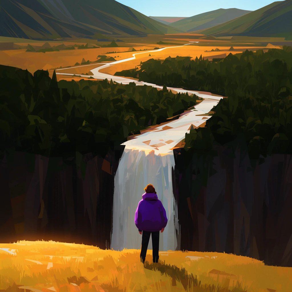 A lone figure in a bulky purple jacket stands on a golden grassy plateau overlooking a vast, stylized landscape. The person faces away, gazing at a striking white waterfall cascading down a steep, shadowed cliff face. Above the drop, a winding pale river meanders through a dense, dark green forest toward a sunlit, ochre plain. Rolling mountains rise in the far distance under a clear sky. The digital artwork utilizes bold, geometric blocks of flat color and angular brushstrokes to build a painterly aesthetic. Warm sunlight illuminates the foreground grass and distant valley, creating a dramatic contrast against the deep shadows of the trees and sheer rock walls.