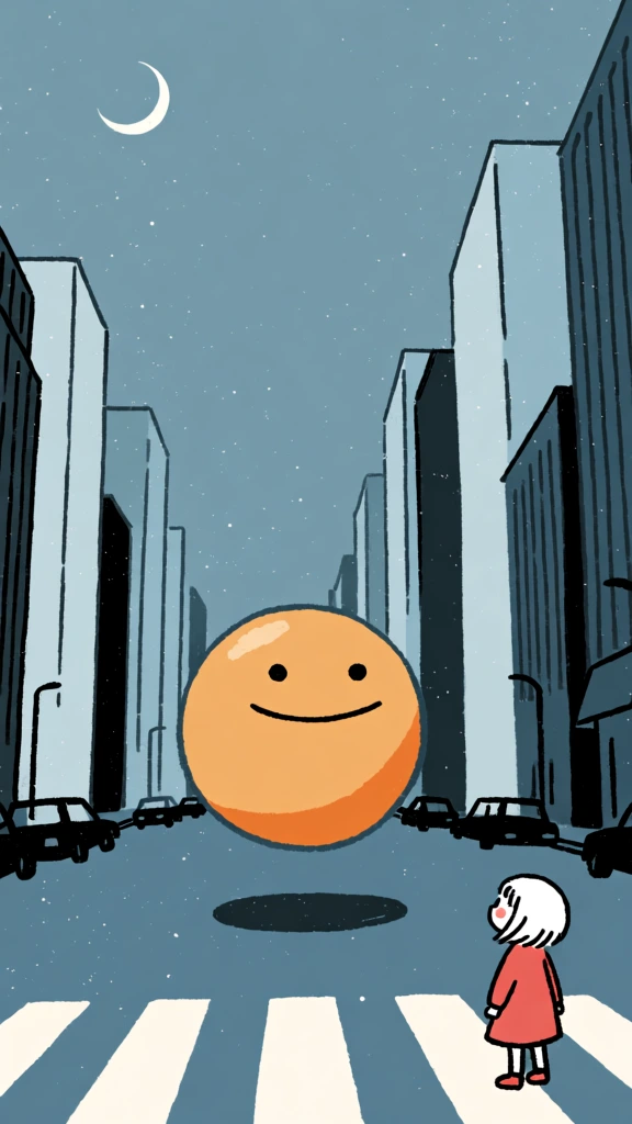 A large, orange sphere with a simple black smiley face floats above a city street at night, watched by a small child on a crosswalk. The sphere, marked with two dot eyes and a curved line for a mouth, hovers in the center of the road, casting a dark, oval shadow directly beneath it. To the lower right, a small character with short white hair and a red long-sleeved dress stands on the white lines of a pedestrian crossing, looking up toward the floating object. Tall, rectangular skyscrapers in shades of pale blue and dark gray line both sides of the street, stretching into the distance where silhouettes of cars are parked along the curbs. The sky above is a muted, dusty blue, featuring a thin white crescent moon in the upper left corner. Small white specks are scattered throughout the scene, resembling light snowfall or a grainy texture. The illustration uses a flat, graphic style with bold outlines and a limited color palette dominated by cool blues and grays, contrasted by the warm orange of the sphere and the red of the child's clothing. The perspective is a wide, low-angle shot from the street level, emphasizing the scale of the buildings and the central floating subject.
