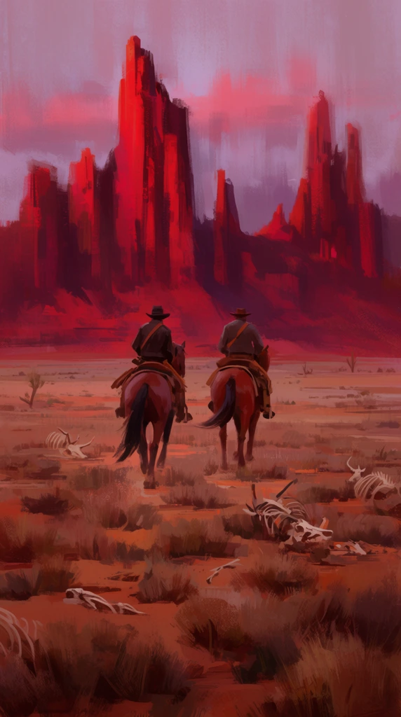 Two cowboys on horseback riding away across a barren desert plain, dry scrub brush and scattered animal skeletons, towering jagged red rock mesas in the background, impressionistic digital painting, loose expressive brushstrokes, vibrant sunset lighting, atmospheric haze, rich crimson and dusty purple color palette