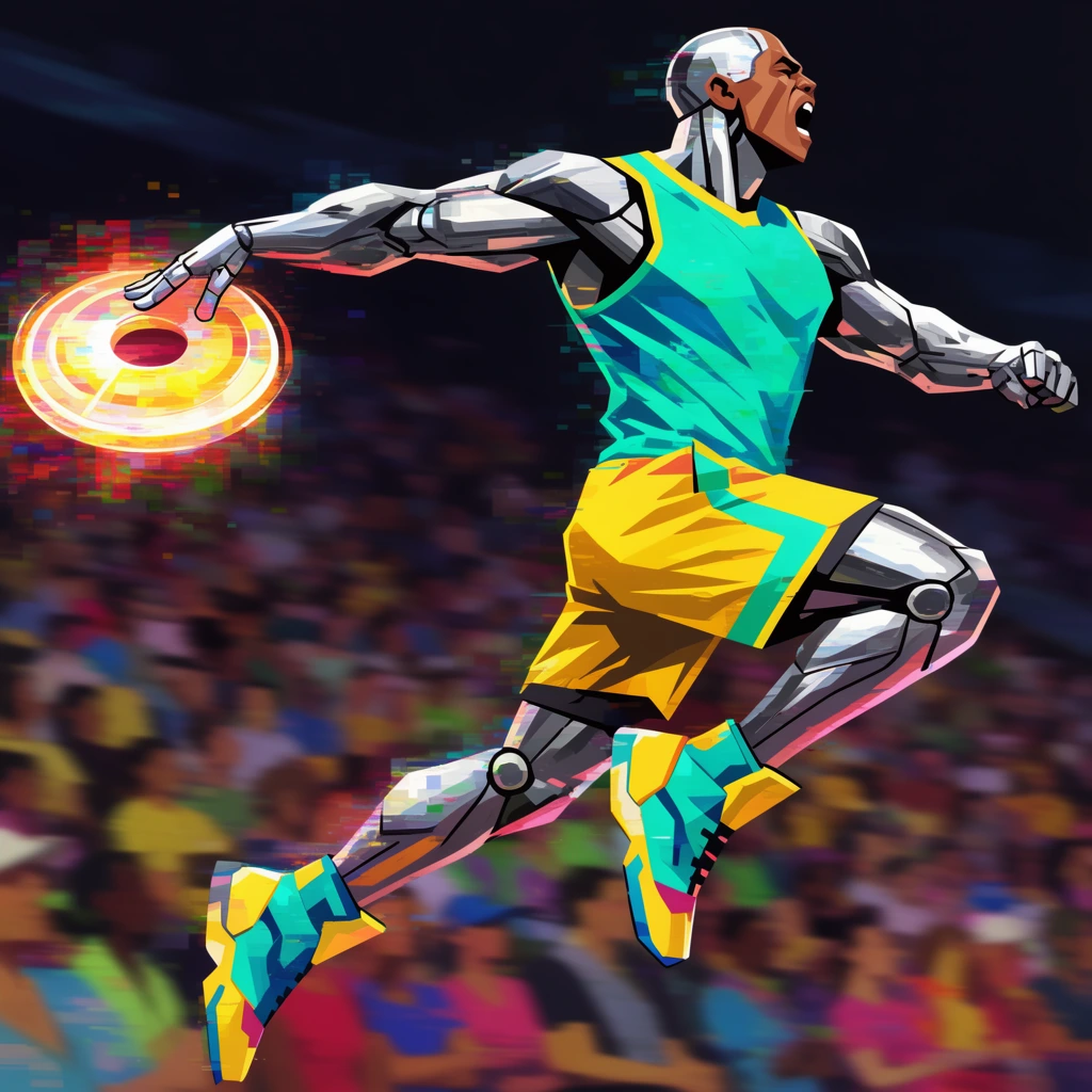 A dynamic vector illustration of a muscular cyborg athlete leaping mid-air to hurl a glowing energy disc. The figure features metallic silver limbs and wears vibrant turquoise and yellow sleeveless gear with futuristic high-top boots. His right arm extends backward, mouth open in intense exertion. A dramatically blurred arena of abstract spectators fills the background. The artwork utilizes sharp shadows, high contrast, and a pixelated, glitch-like digital texture.