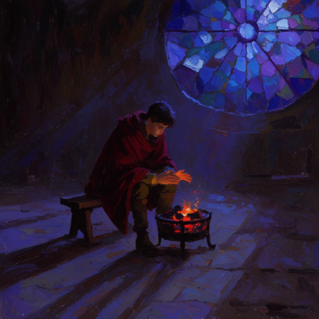 solitary young man draped in a heavy crimson cloak seated on a low wooden bench, leaning forward to warm his hands over a small glowing brazier, dimly lit cavernous room, large circular stained glass window in the background radiating fragmented blue and purple moonlight, long diagonal shadows stretching across a rough-hewn stone floor, post-impressionist painting style, thick directional brushstrokes, expressive texture, melancholic atmosphere, rich color palette of deep indigo violet and dark brown contrasting with the vibrant orange and red glow of the coals, rough impasto technique, emotive and atmospheric, high contrast