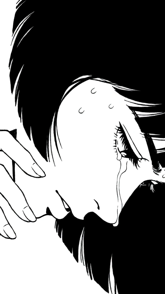 A high-contrast, black-and-white manga-style illustration captures a close-up, profile view of a person’s face tilted downward. The subject’s right eye is the focal point, featuring long, thick eyelashes and fine lines beneath it, with a gaze directed toward the bottom right. A large tear tracks down from the inner corner of the eye, flowing along the side of the nose. Several beads of sweat or moisture are visible on the forehead near the hairline. A single drop of liquid falls from the tip of the nose, while another suspended drop hangs in the air below the chin. On the left side of the frame, a hand with long, slender fingers is pressed against the person's cheek. The hair is rendered in solid, dark black sections with sharp, pointed bangs that frame the face and forehead. The background is a solid, flat black on the right side, creating a stark contrast against the white space of the skin. The drawing style utilizes bold ink lines and minimal hatching for shading, characteristic of classic gekiga or manga art, emphasizing a moment of intense physical or emotional distress.