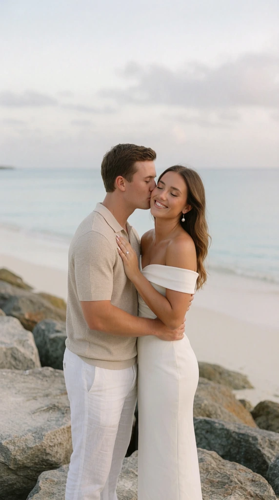 A young couple shares a tender embrace on a rocky shoreline beneath a softly overcast sky. The man, wearing a textured beige short-sleeve polo and white linen pants, gently kisses the cheek of the smiling woman. She wears a fitted, off-the-shoulder white dress and pearl drop earrings, her eyes closed in contentment as her ringed hand rests on his chest. They stand on large, rough grey boulders contrasting with their crisp clothing. Behind them, a smooth white sand beach meets a calm, pale blue ocean. Captured with a shallow depth of field in soft, diffused natural lighting, the scene evokes a serene, romantic aesthetic with a muted pastel palette of creams, whites, and pale blues.