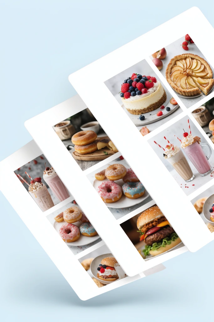 Three overlapping digital interface mockups fanned at a dynamic angle against a pale blue background. The minimalist white layouts feature grids of vibrant food photography, showcasing a berry-topped cheesecake, a sliced apple tart, glazed donuts, milkshakes, and a burger. Soft drop shadows create a floating, three-dimensional quality. Bright lighting emphasizes the colorful culinary images within the clean, spacious digital composition.