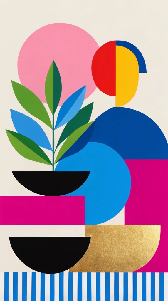 Abstract geometric composition, off-white background, stylized plant with green and blue leaves, large pink circle, abstract figure with blue semi-circle body and split red and yellow face, overlapping bright blue circles, magenta rectangles, black semi-circular bowls, blue and white striped base, bold vivid colors, crisp flat graphic shapes, matte finish with isolated gold foil textures