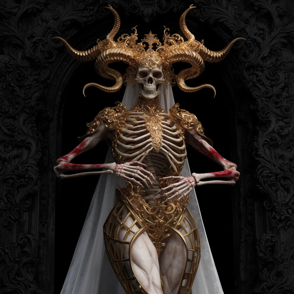 A regal skeletal entity stands within a pitch-black gothic archway featuring intricate baroque carvings. The figure possesses a skull visage crowned by massive twisting golden horns and ornate filigree. Complex gold armor encases its exposed ribcage and forms a cage over pale, muscular legs. Deep red stains mark its bony arms, which hover delicately near the midriff. A sheer white veil cascades behind the body. High-contrast lighting highlights the hyper-realistic textures of bone, gleaming gold, and pale flesh against the dark fantasy environment.