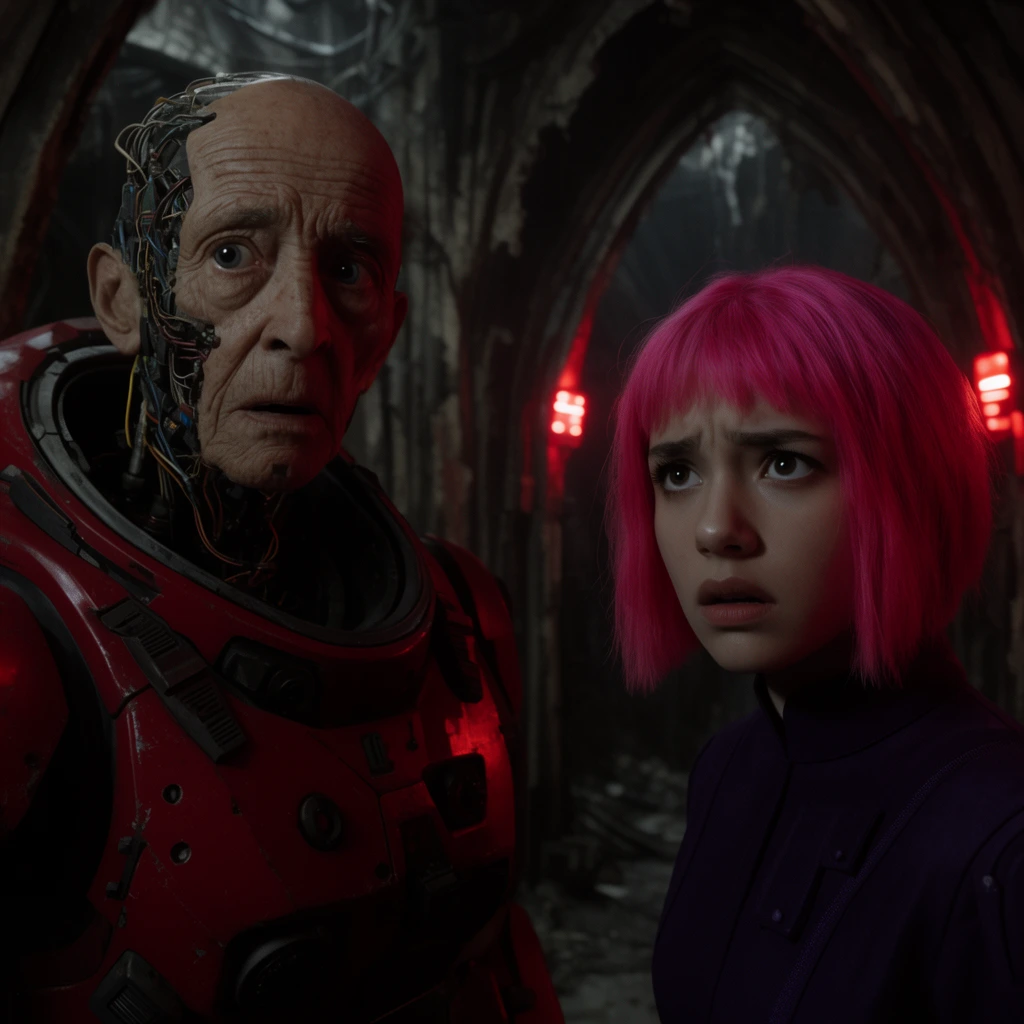 An elderly android with exposed facial wiring and a young woman with a neon pink bob stare intently off-camera with deep dread. They wear bulky crimson space-armor and a dark purple high-collared suit. Framed by shadowy arches in a dimly lit, decaying gothic starship corridor, flickering red warning lights cast dramatic, low-key shadows across their tense faces. The cinematic composition uses shallow depth of field, highlighting the sharply focused subjects against the blurred, ominous background.