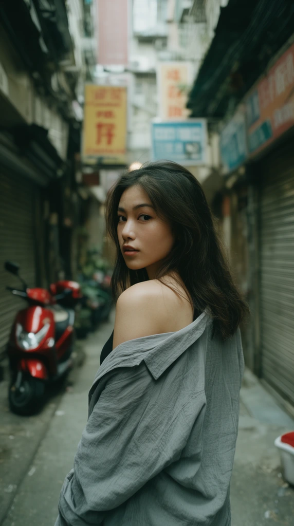 young woman looking over her shoulder, oversized grey shirt draped off one shoulder, standing in a narrow urban alleyway, shallow depth of field, blurred background with parked red scooter, closed shop shutters, hanging signs, cinematic street photography