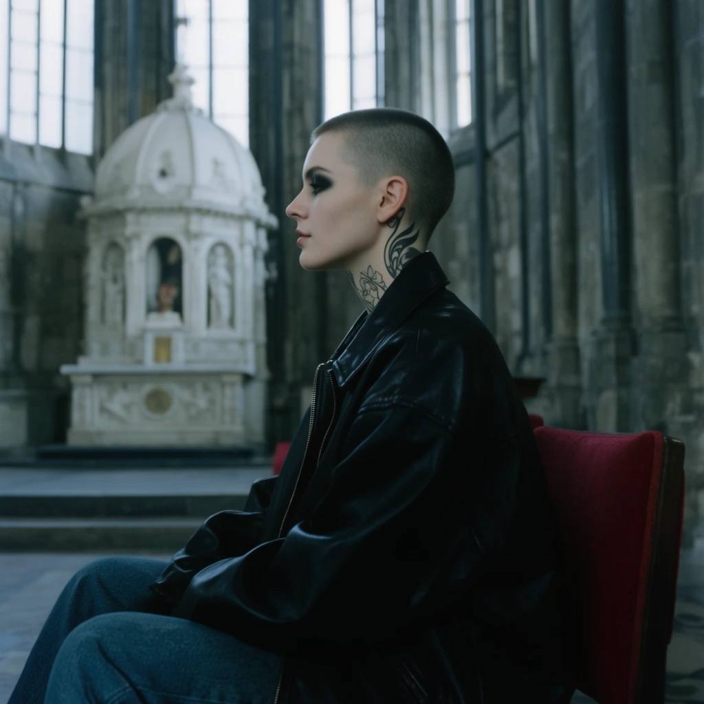 A profile portrait of a person with a buzz cut sitting in a grand stone interior. The pale-skinned individual features dark eye makeup and a black neck tattoo behind the ear. They wear an oversized black leather jacket and blue jeans, sitting calmly on a red upholstered chair. The softly out-of-focus background reveals a historical space with an ornate white domed altar, tall stone columns, and large windows providing soft daylight. The cinematic photography uses a cool color palette with deep blacks and red accents, captured with a shallow depth of field.