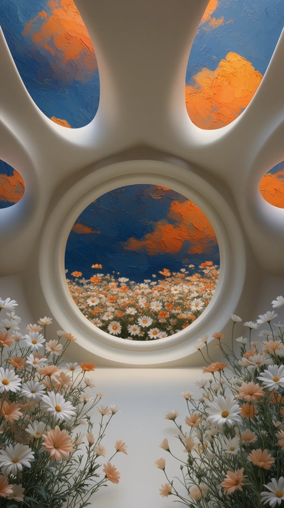 A symmetrical, surreal architectural interior featuring smooth, curved off-white structures radiating from a central circular window. The central portal frames a dense field of white and orange daisies beneath a heavily textured, impasto-style sky of deep blue and bright orange clouds. Upper petal-shaped cutouts reveal extending portions of this thick painterly sky. Symmetrical clusters of photorealistic white and pale orange daisies with detailed green stems grow in the foreground, framing the lower space. The visual style juxtaposes ultra-smooth 3D architectural surfaces with dimensional painted textures and lifelike botanicals under soft, diffuse lighting.